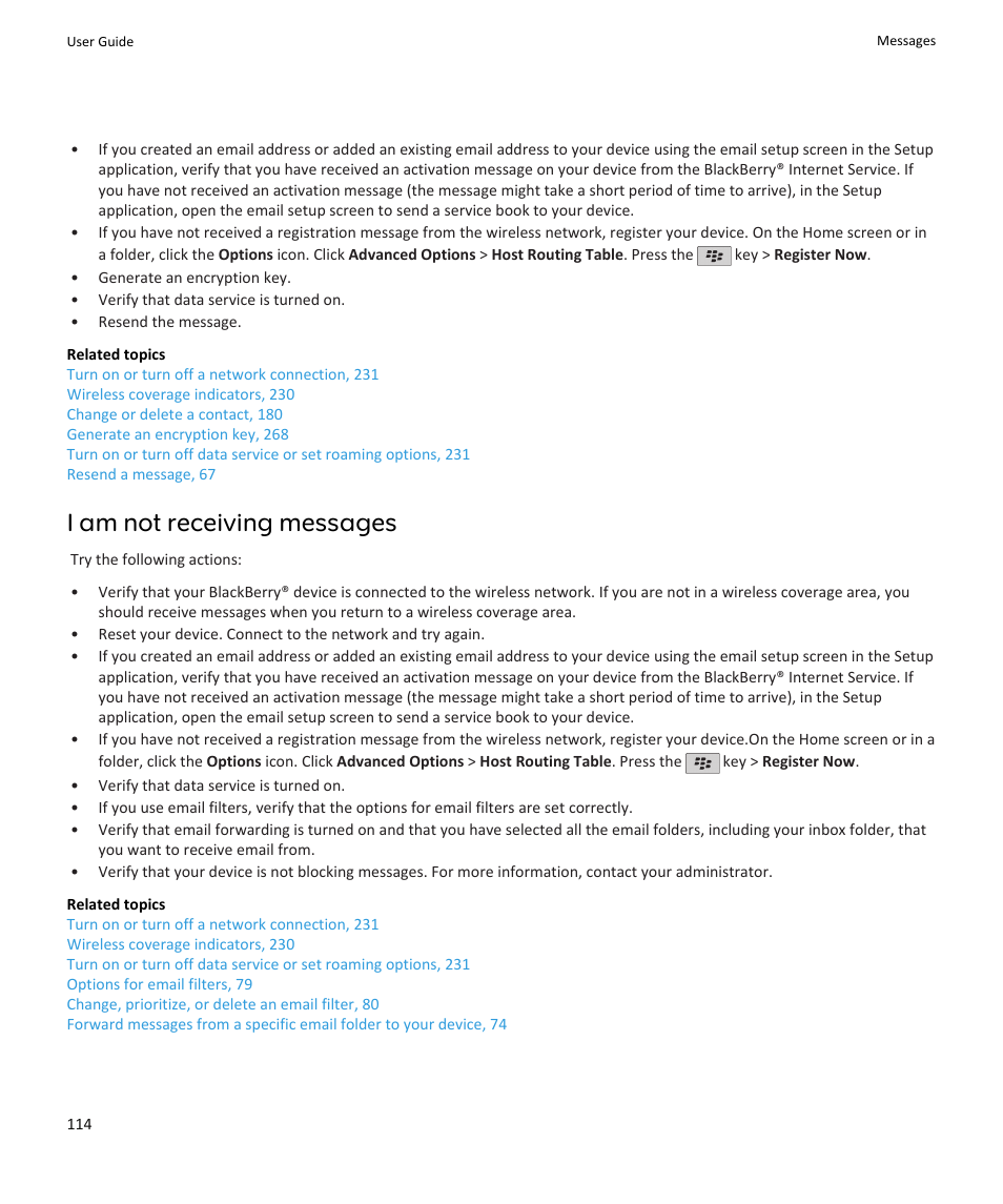 I am not receiving messages | Blackberry PEARL 9105 User Manual | Page 116 / 325