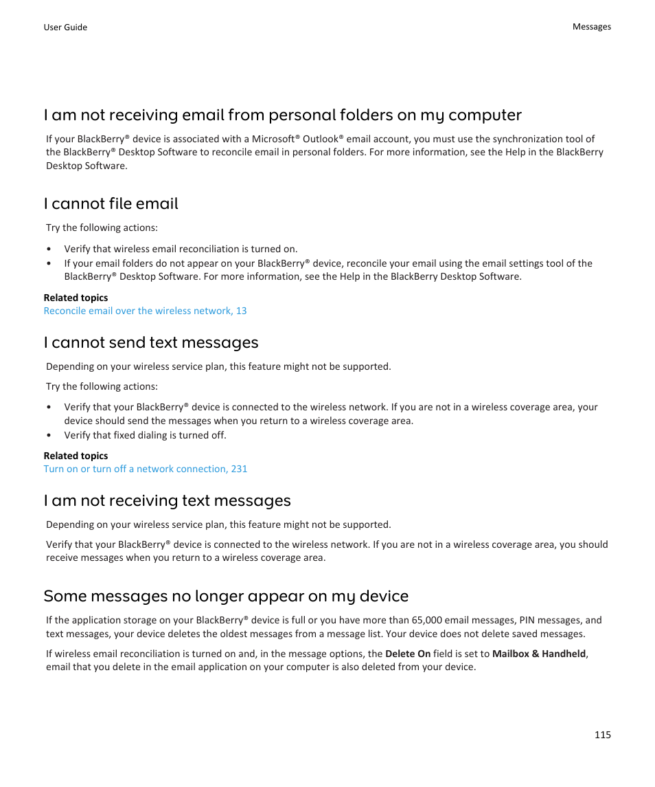 I cannot file email, I cannot send text messages, I am not receiving text messages | Some messages no longer appear on my device | Blackberry PEARL 9105 User Manual | Page 117 / 325