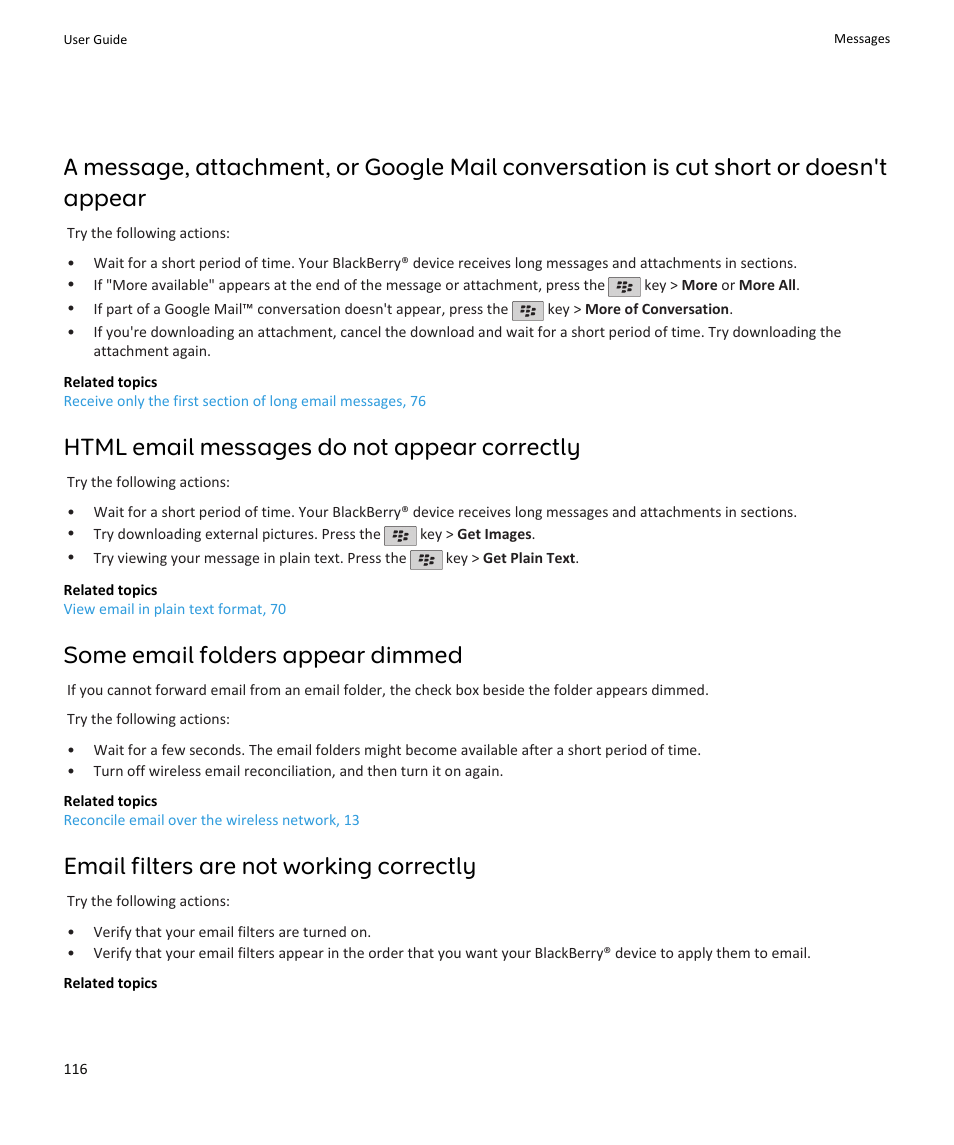 Html email messages do not appear correctly, Some email folders appear dimmed, Email filters are not working correctly | Blackberry PEARL 9105 User Manual | Page 118 / 325