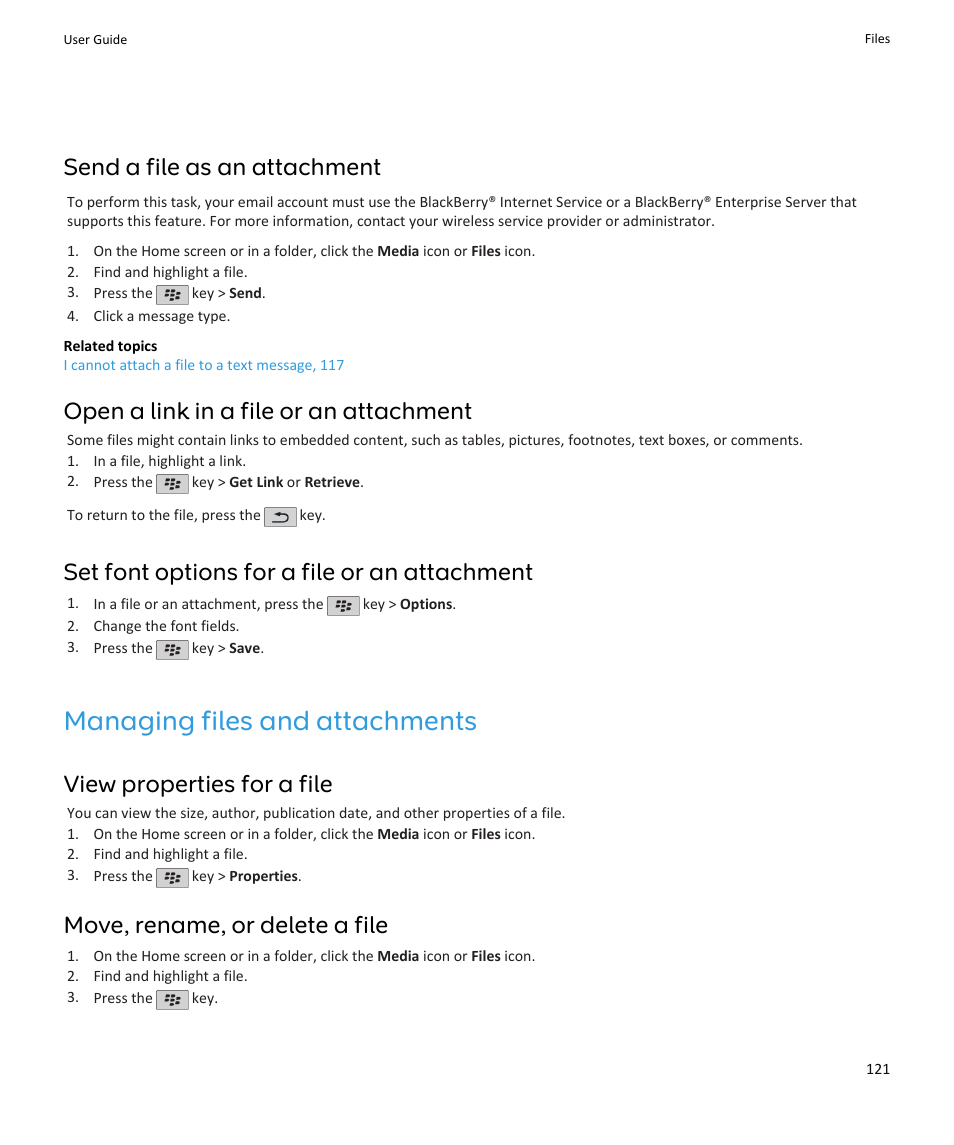 Managing files and attachments, Move, rename, or delete a file, 121, Send a file as an attachment | Open a link in a file or an attachment, Set font options for a file or an attachment, View properties for a file, Move, rename, or delete a file | Blackberry PEARL 9105 User Manual | Page 123 / 325