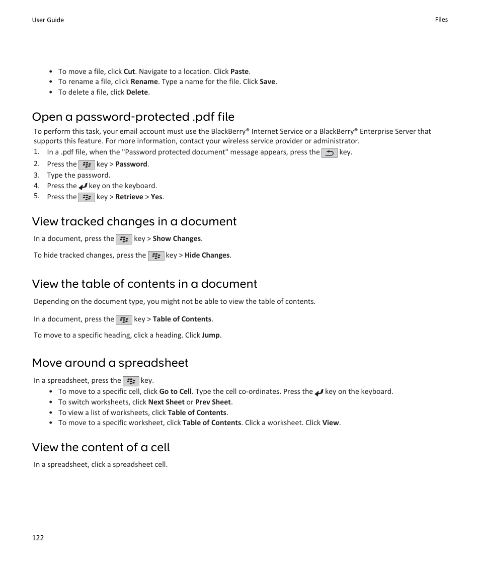 Open a password-protected .pdf file, View tracked changes in a document, View the table of contents in a document | Move around a spreadsheet, View the content of a cell | Blackberry PEARL 9105 User Manual | Page 124 / 325