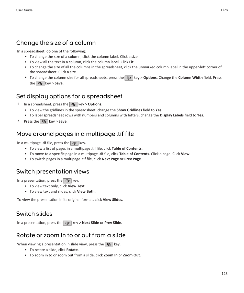 Change the size of a column, Set display options for a spreadsheet, Move around pages in a multipage .tif file | Switch presentation views, Switch slides, Rotate or zoom in to or out from a slide | Blackberry PEARL 9105 User Manual | Page 125 / 325