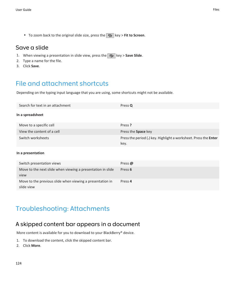 File and attachment shortcuts, Troubleshooting: attachments, Save a slide | A skipped content bar appears in a document | Blackberry PEARL 9105 User Manual | Page 126 / 325