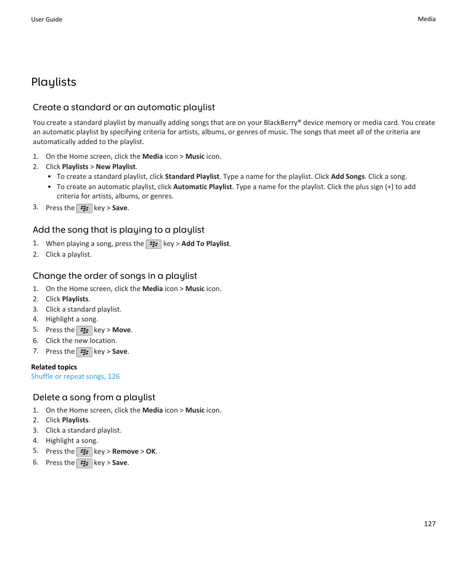 Playlists | Blackberry PEARL 9105 User Manual | Page 129 / 325