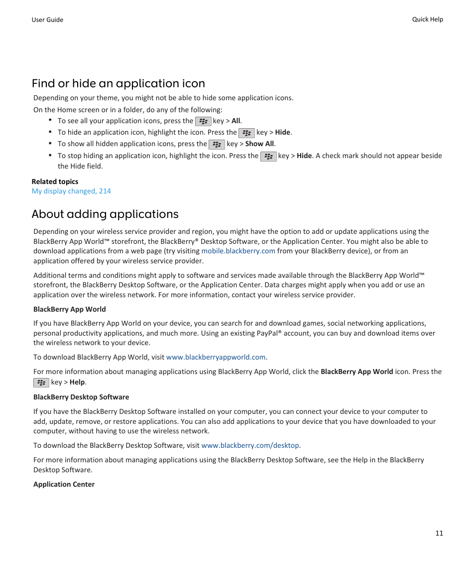 Find or hide an application icon, About adding applications | Blackberry PEARL 9105 User Manual | Page 13 / 325