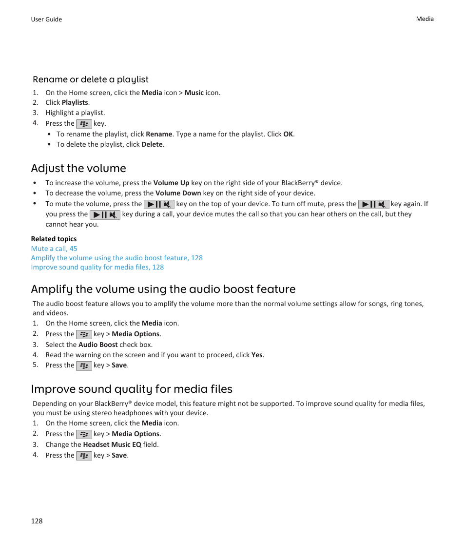 Adjust the volume, Amplify the volume using the audio boost feature, Improve sound quality for media files | Blackberry PEARL 9105 User Manual | Page 130 / 325