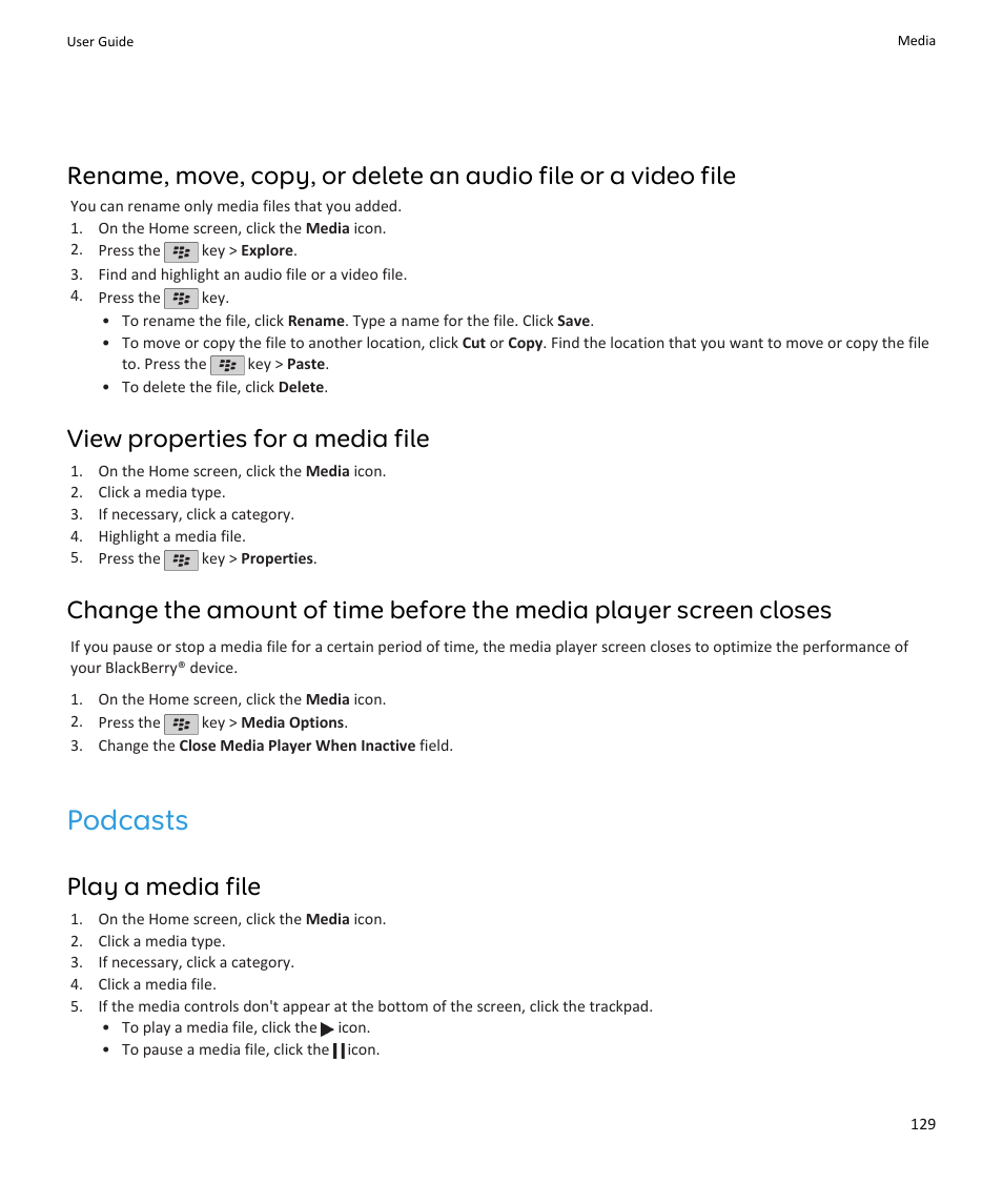 Podcasts, View properties for a media file, Play a media file | Blackberry PEARL 9105 User Manual | Page 131 / 325