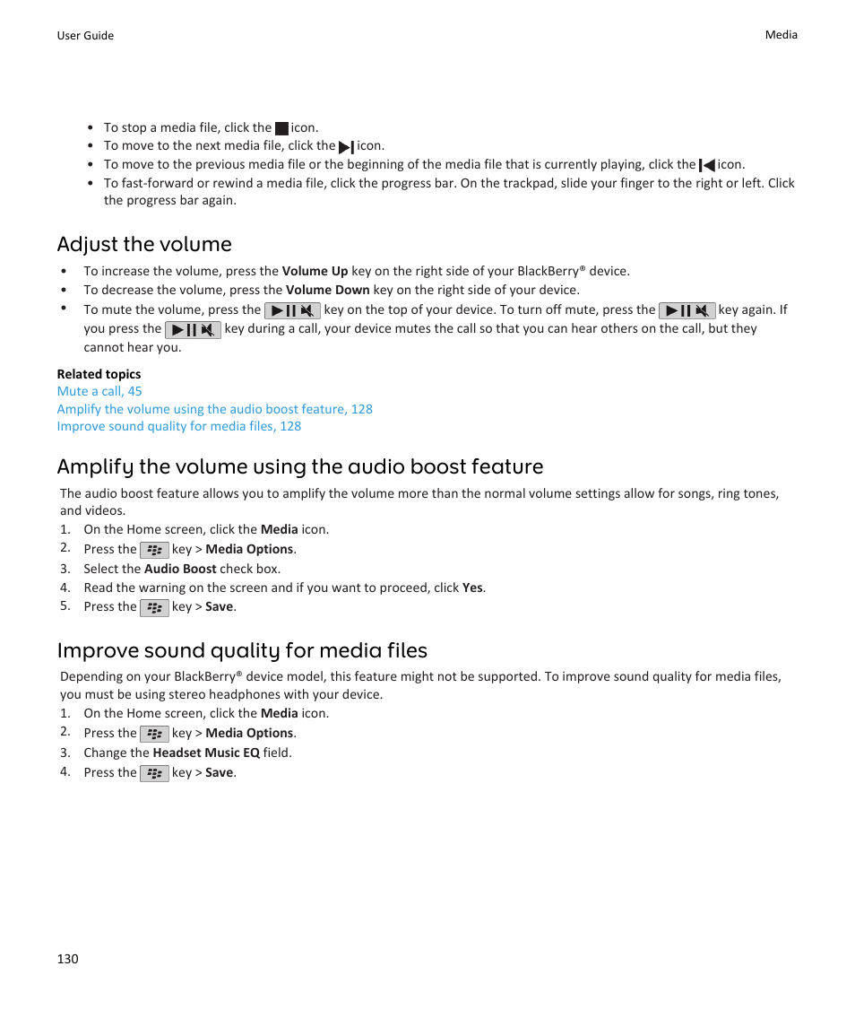 Adjust the volume, Amplify the volume using the audio boost feature, Improve sound quality for media files | Blackberry PEARL 9105 User Manual | Page 132 / 325