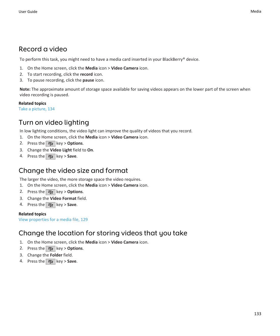 Record a video, Turn on video lighting, Change the video size and format | Blackberry PEARL 9105 User Manual | Page 135 / 325