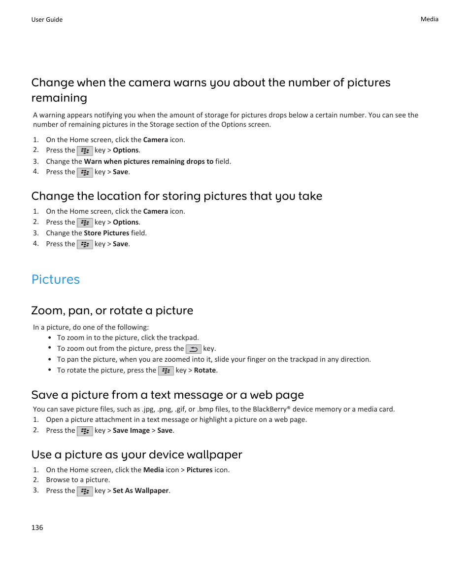Pictures, Zoom, pan, or rotate a picture, Save a picture from a text message or a web page | Use a picture as your device wallpaper | Blackberry PEARL 9105 User Manual | Page 138 / 325