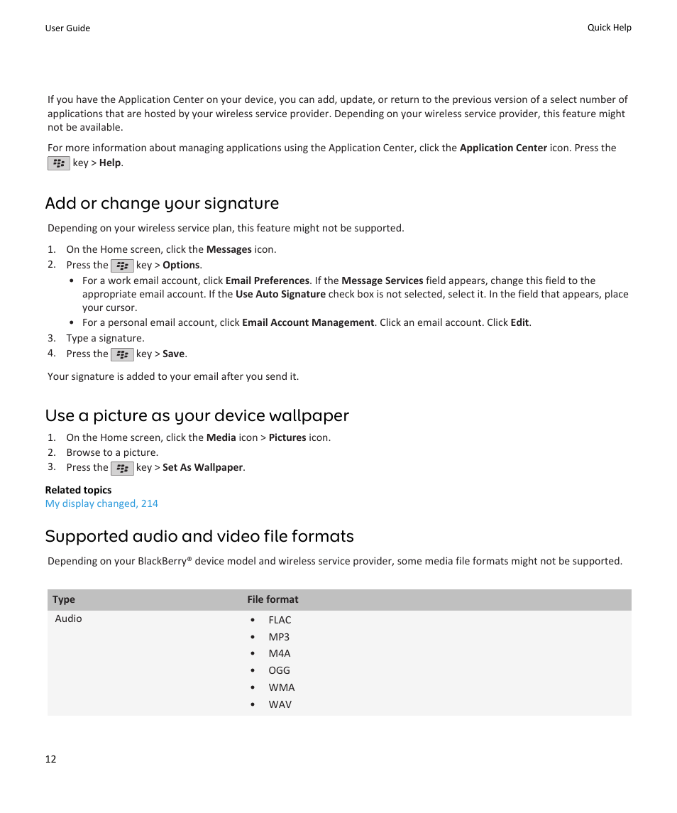 Add or change your signature, Use a picture as your device wallpaper, Supported audio and video file formats | Blackberry PEARL 9105 User Manual | Page 14 / 325