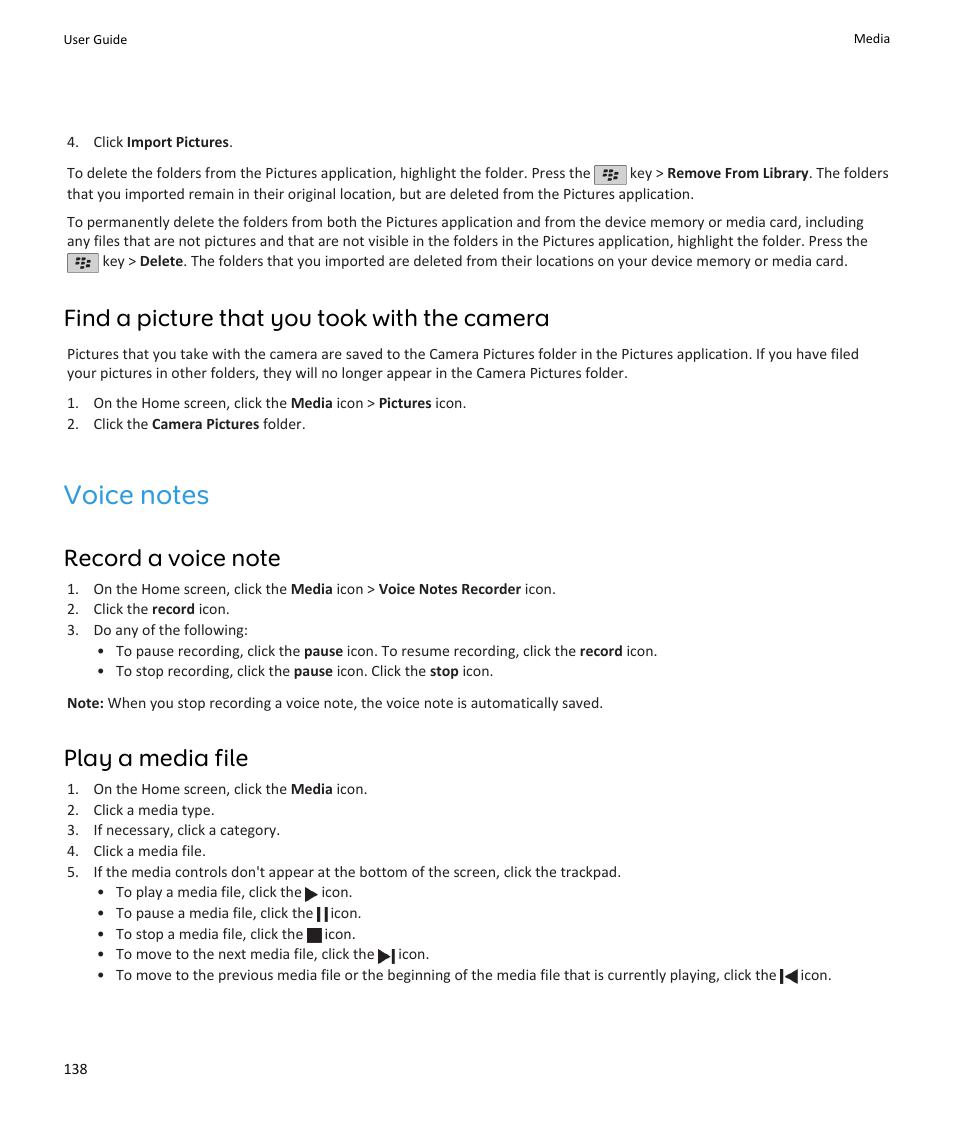 Voice notes, Find a picture that you took with the camera, Play a media file | Blackberry PEARL 9105 User Manual | Page 140 / 325