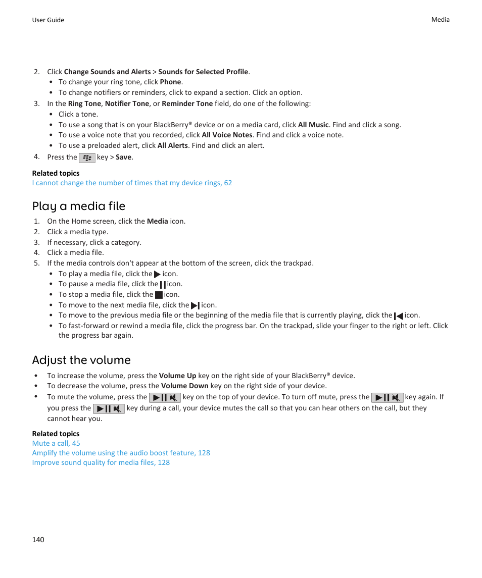 Play a media file, Adjust the volume | Blackberry PEARL 9105 User Manual | Page 142 / 325