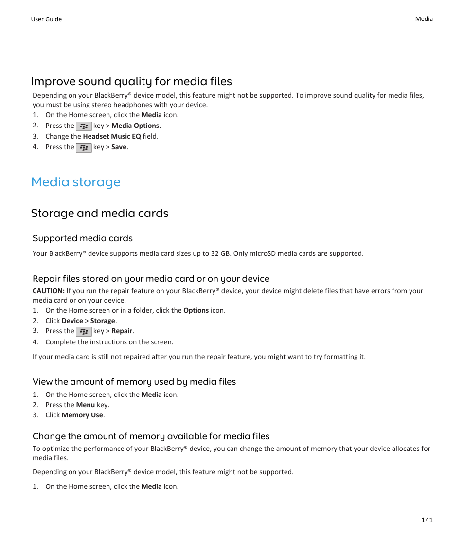 Media storage, Improve sound quality for media files, Storage and media cards | Blackberry PEARL 9105 User Manual | Page 143 / 325
