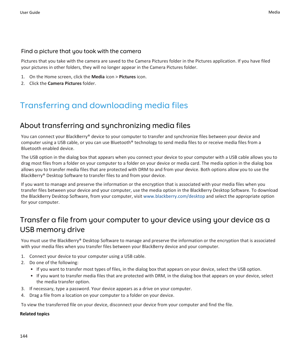 Transferring and downloading media files, About transferring and synchronizing media files | Blackberry PEARL 9105 User Manual | Page 146 / 325