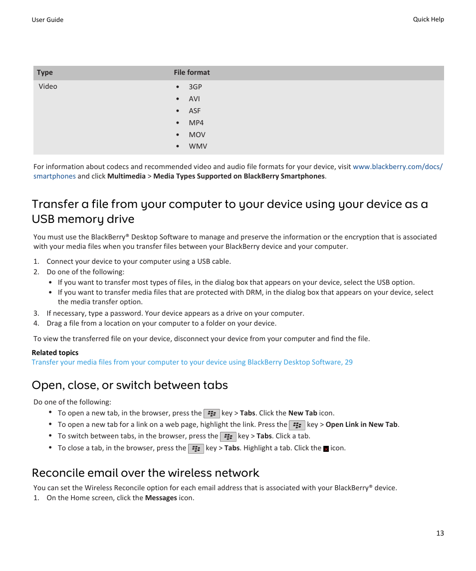 Open, close, or switch between tabs, Reconcile email over the wireless network | Blackberry PEARL 9105 User Manual | Page 15 / 325