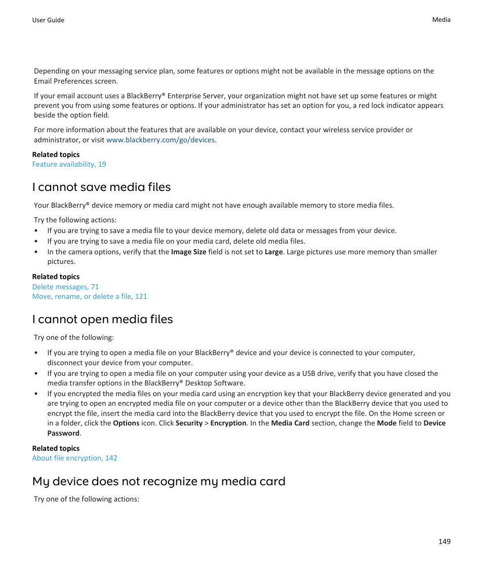 I cannot save media files, I cannot open media files, My device does not recognize my media card | Blackberry PEARL 9105 User Manual | Page 151 / 325