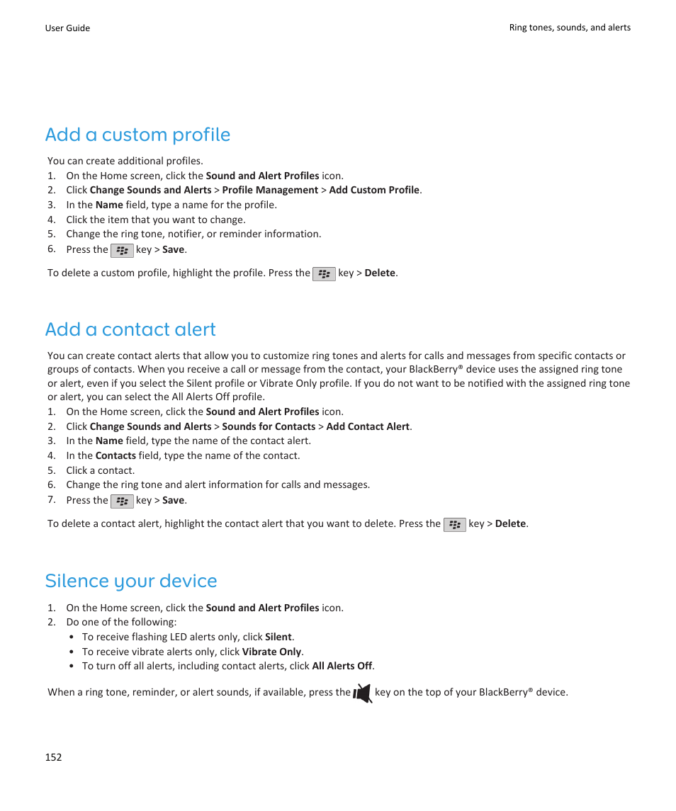 Add a custom profile, Add a contact alert, Silence your device | Blackberry PEARL 9105 User Manual | Page 154 / 325