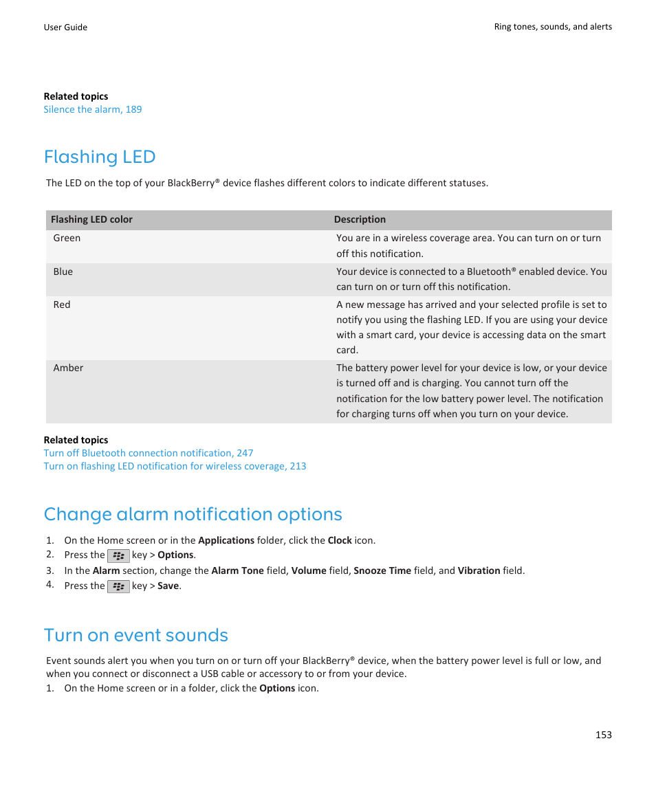 Flashing led, Change alarm notification options, Turn on event sounds | Blackberry PEARL 9105 User Manual | Page 155 / 325