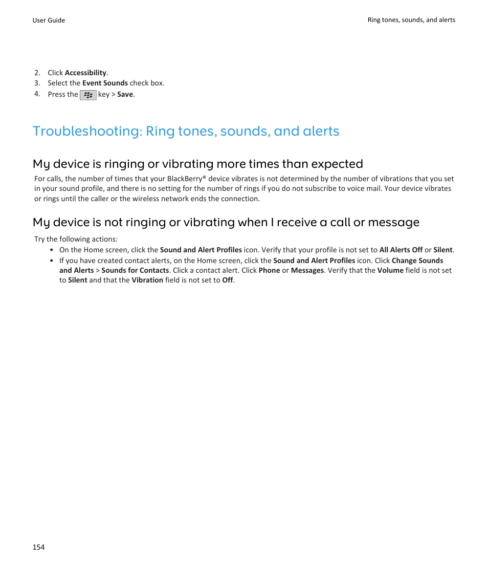 Troubleshooting: ring tones, sounds, and alerts | Blackberry PEARL 9105 User Manual | Page 156 / 325