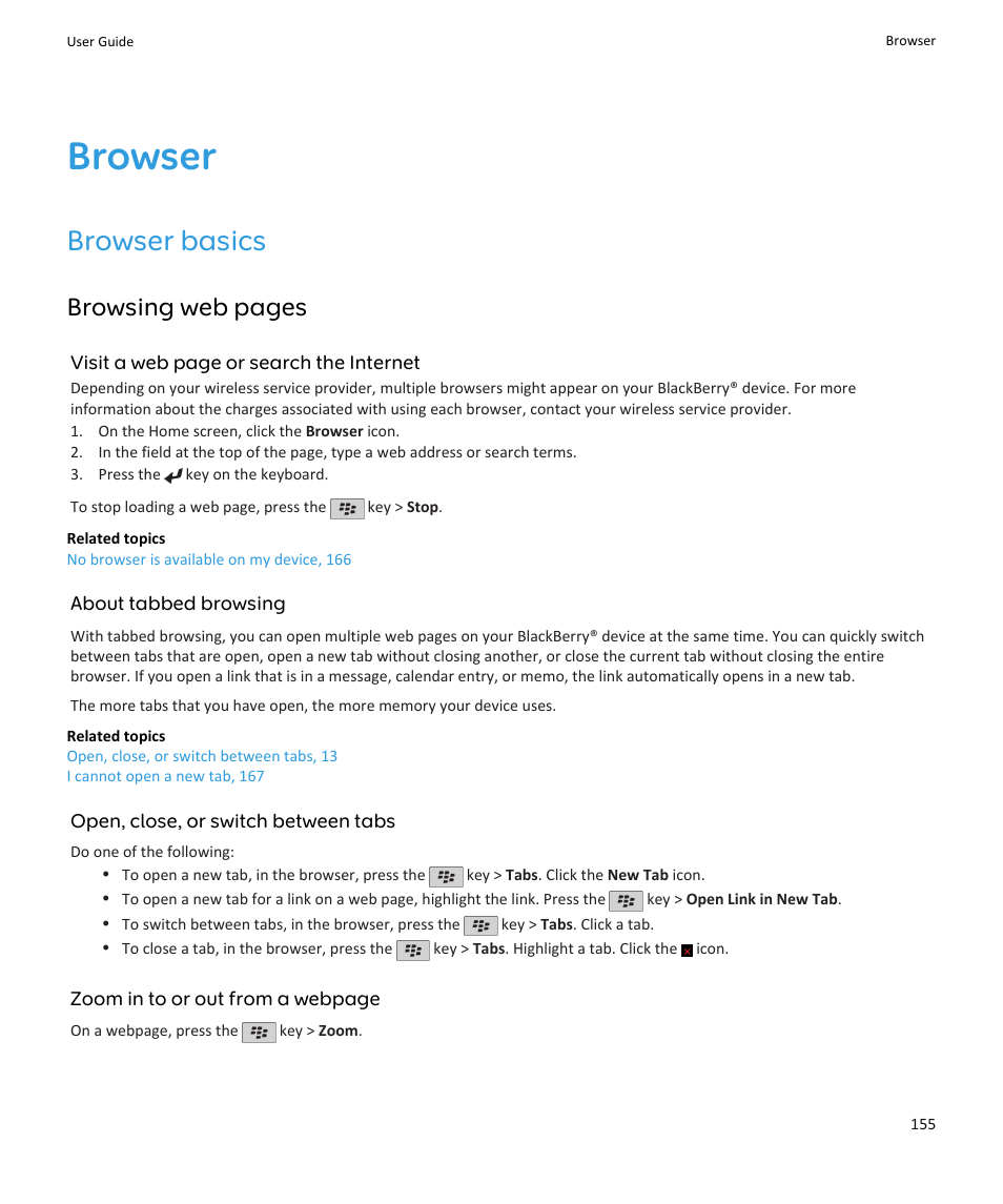 Browser, Browser basics, Browsing web pages | Blackberry PEARL 9105 User Manual | Page 157 / 325