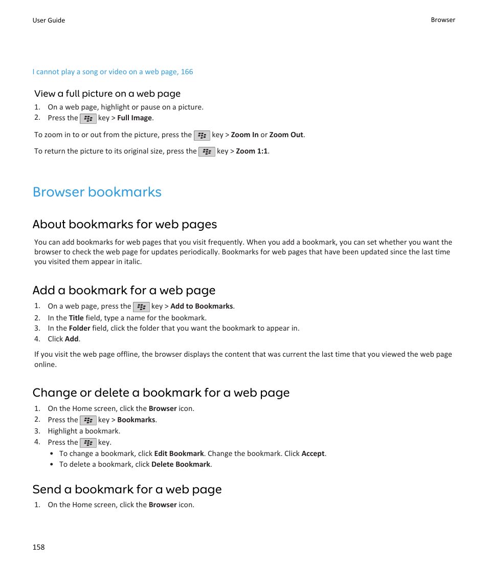 Browser bookmarks, About bookmarks for web pages, Add a bookmark for a web page | Change or delete a bookmark for a web page, Send a bookmark for a web page | Blackberry PEARL 9105 User Manual | Page 160 / 325
