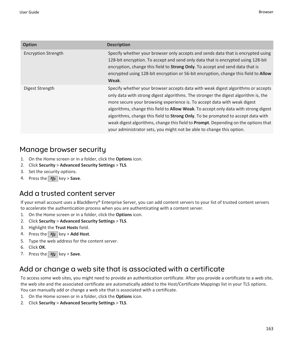 Manage browser security, Add a trusted content server | Blackberry PEARL 9105 User Manual | Page 165 / 325