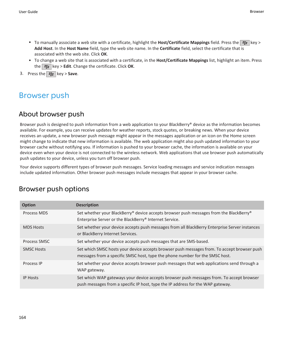 Browser push, About browser push, Browser push options | Blackberry PEARL 9105 User Manual | Page 166 / 325