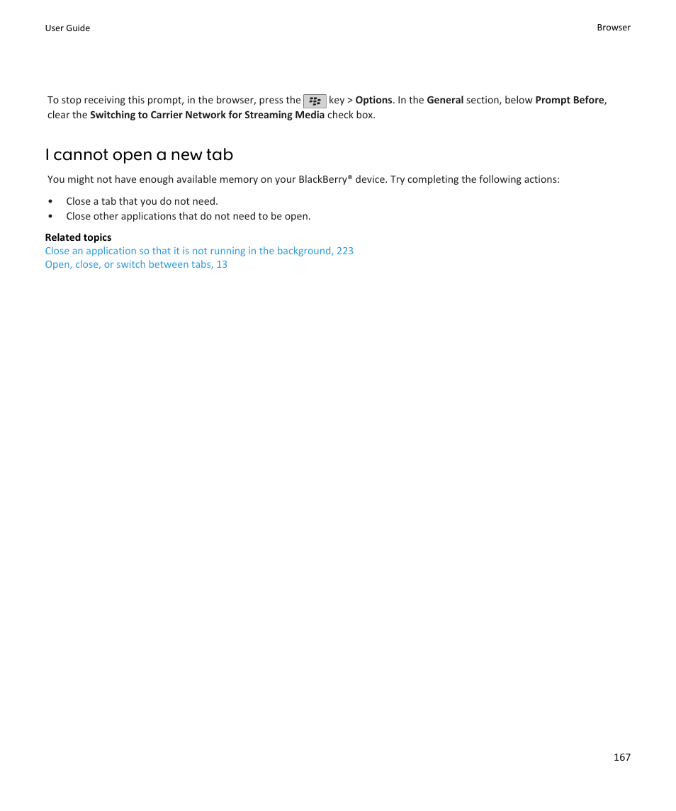 I cannot open a new tab | Blackberry PEARL 9105 User Manual | Page 169 / 325