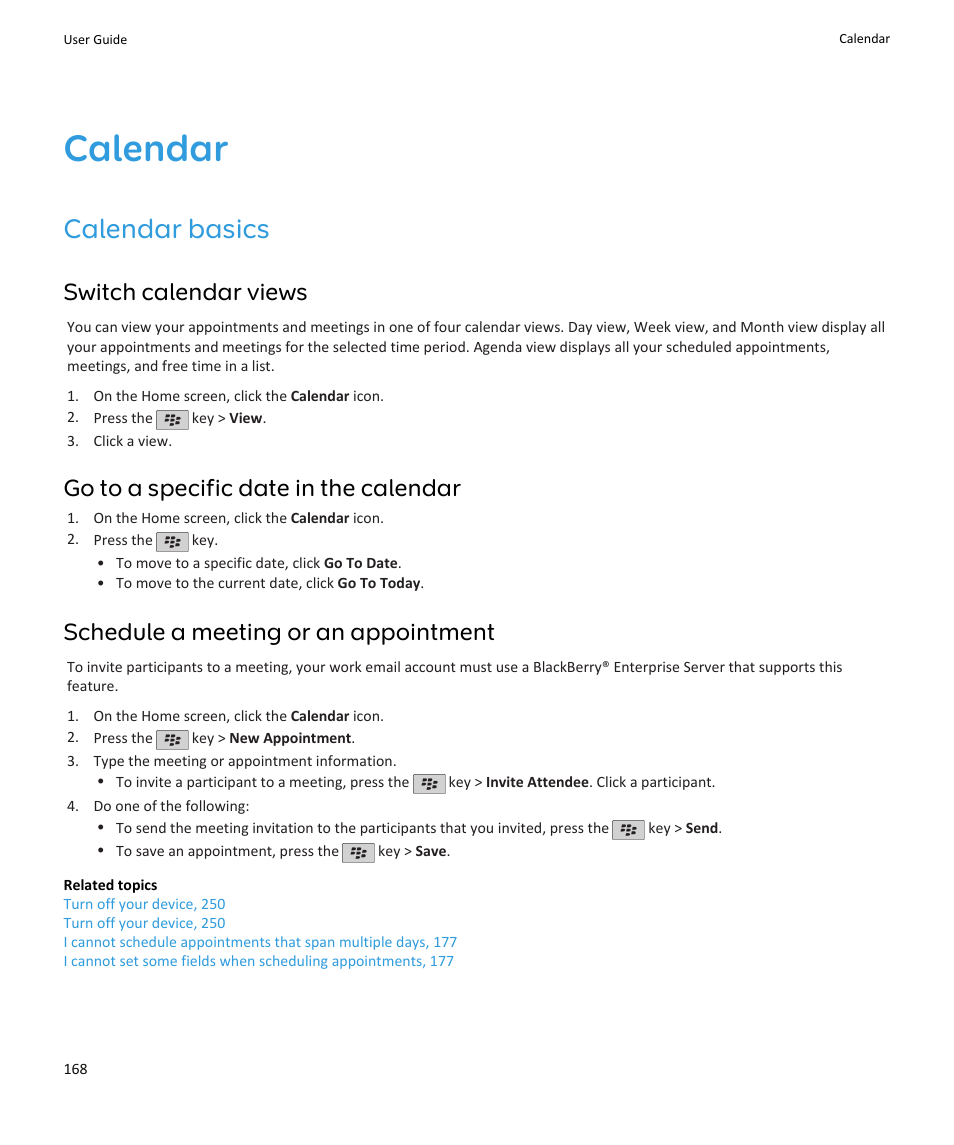 Calendar, Calendar basics, Switch calendar views | Go to a specific date in the calendar, Schedule a meeting or an appointment | Blackberry PEARL 9105 User Manual | Page 170 / 325