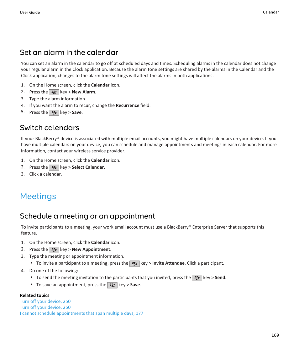 Meetings, Set an alarm in the calendar, Switch calendars | Schedule a meeting or an appointment | Blackberry PEARL 9105 User Manual | Page 171 / 325