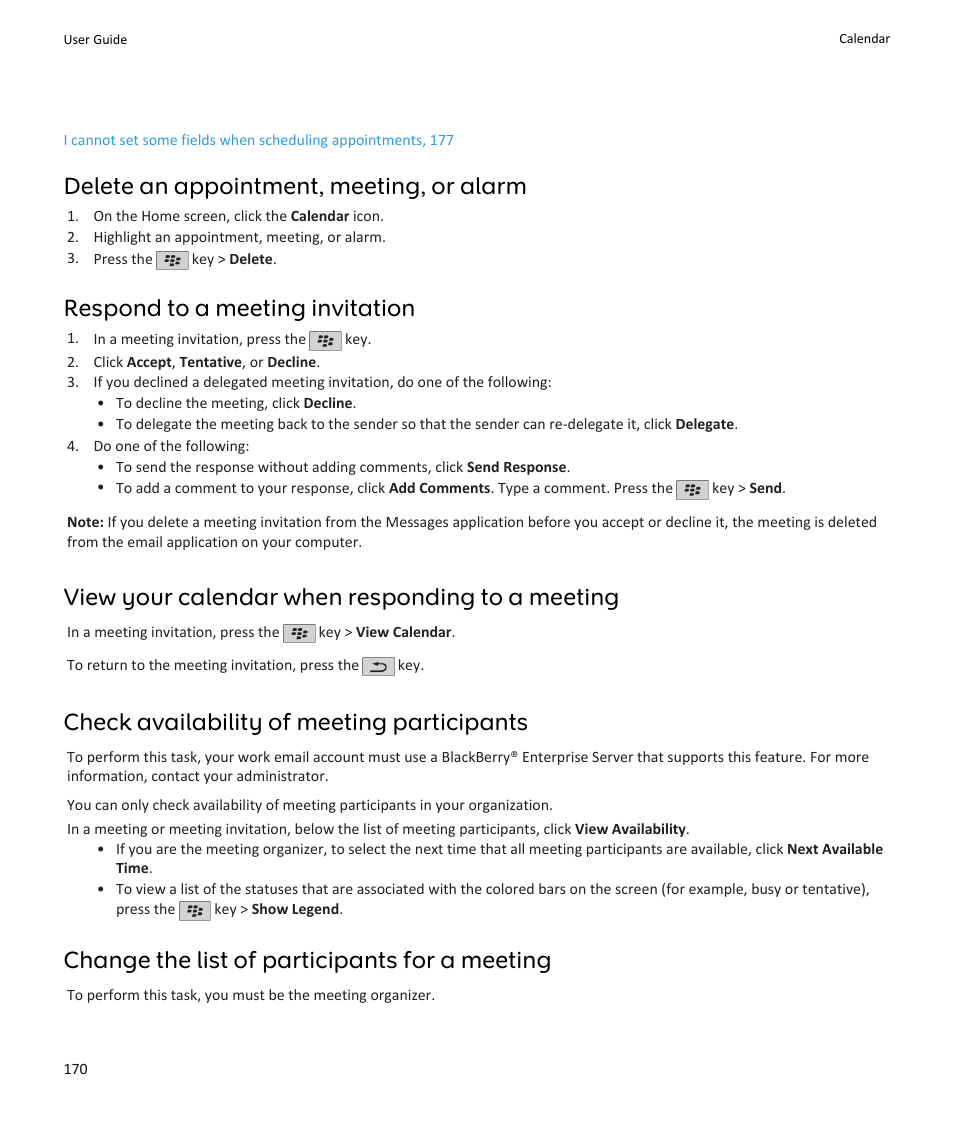 Delete an appointment, meeting, or alarm, Respond to a meeting invitation, View your calendar when responding to a meeting | Check availability of meeting participants, Change the list of participants for a meeting | Blackberry PEARL 9105 User Manual | Page 172 / 325