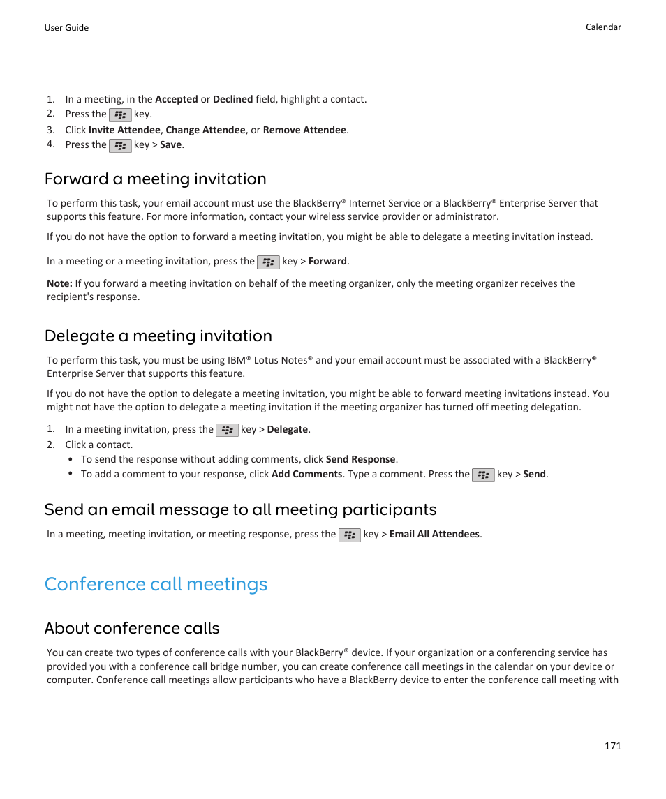 Conference call meetings, Forward a meeting invitation, Delegate a meeting invitation | Send an email message to all meeting participants, About conference calls | Blackberry PEARL 9105 User Manual | Page 173 / 325