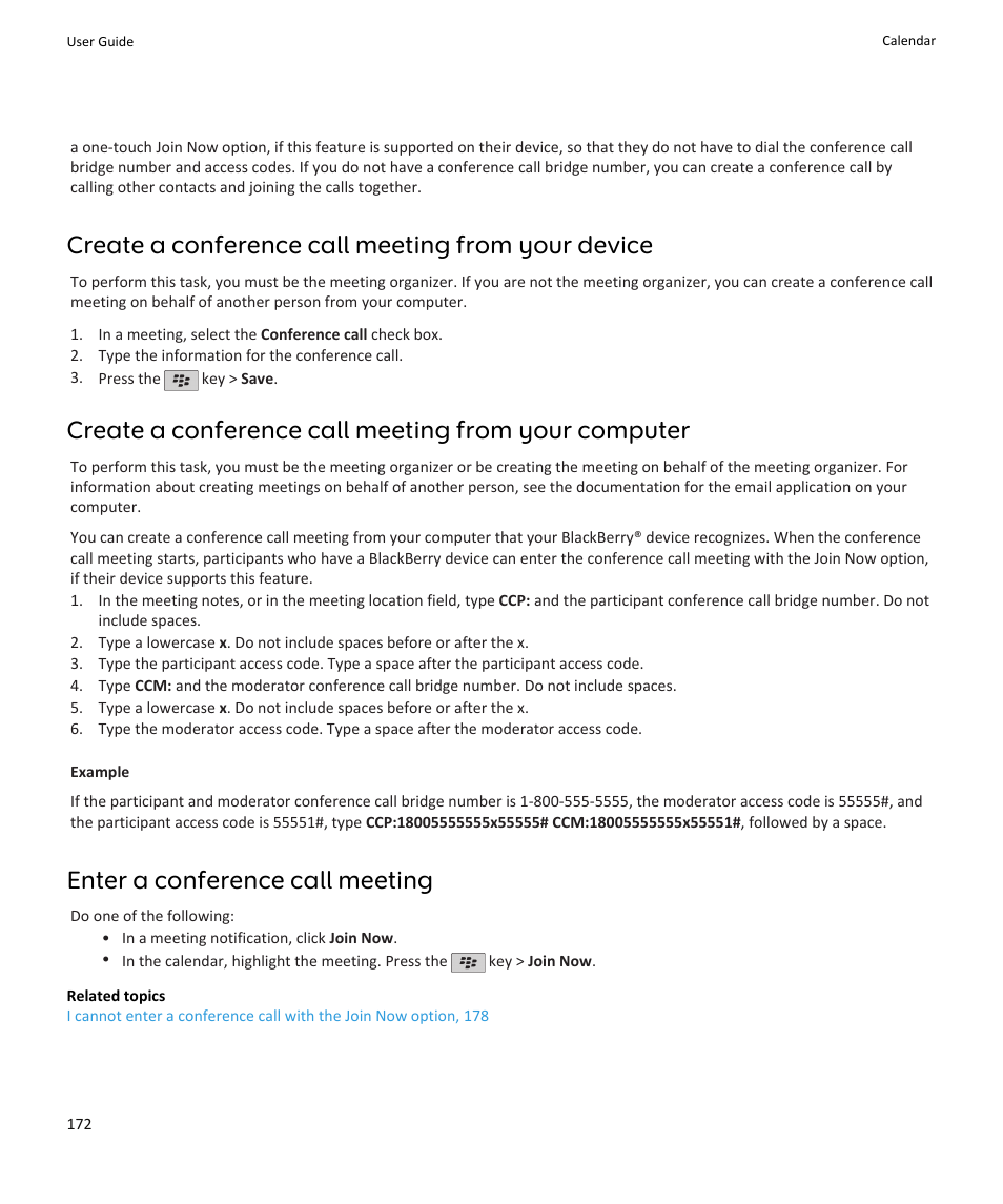 Create a conference call meeting from your device, Enter a conference call meeting | Blackberry PEARL 9105 User Manual | Page 174 / 325
