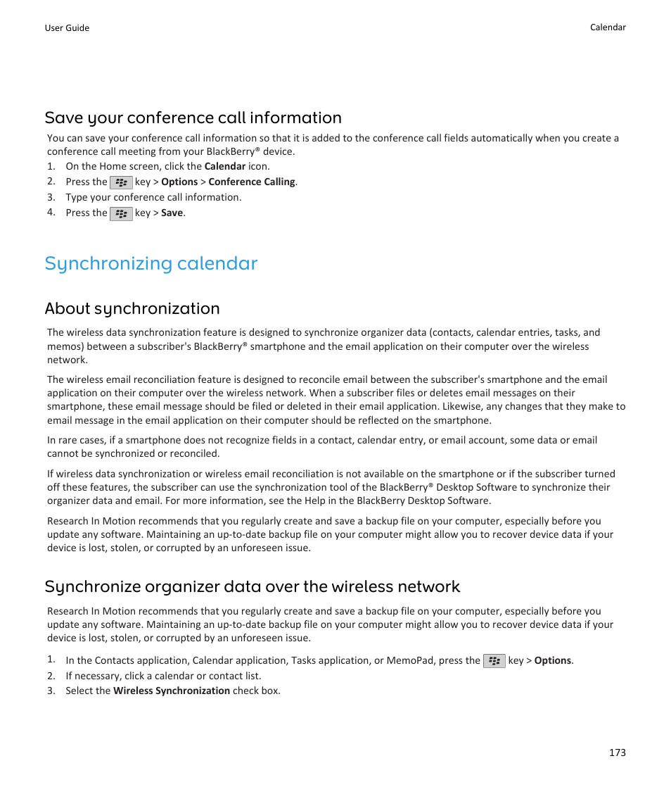 Synchronizing calendar, Save your conference call information, About synchronization | Blackberry PEARL 9105 User Manual | Page 175 / 325