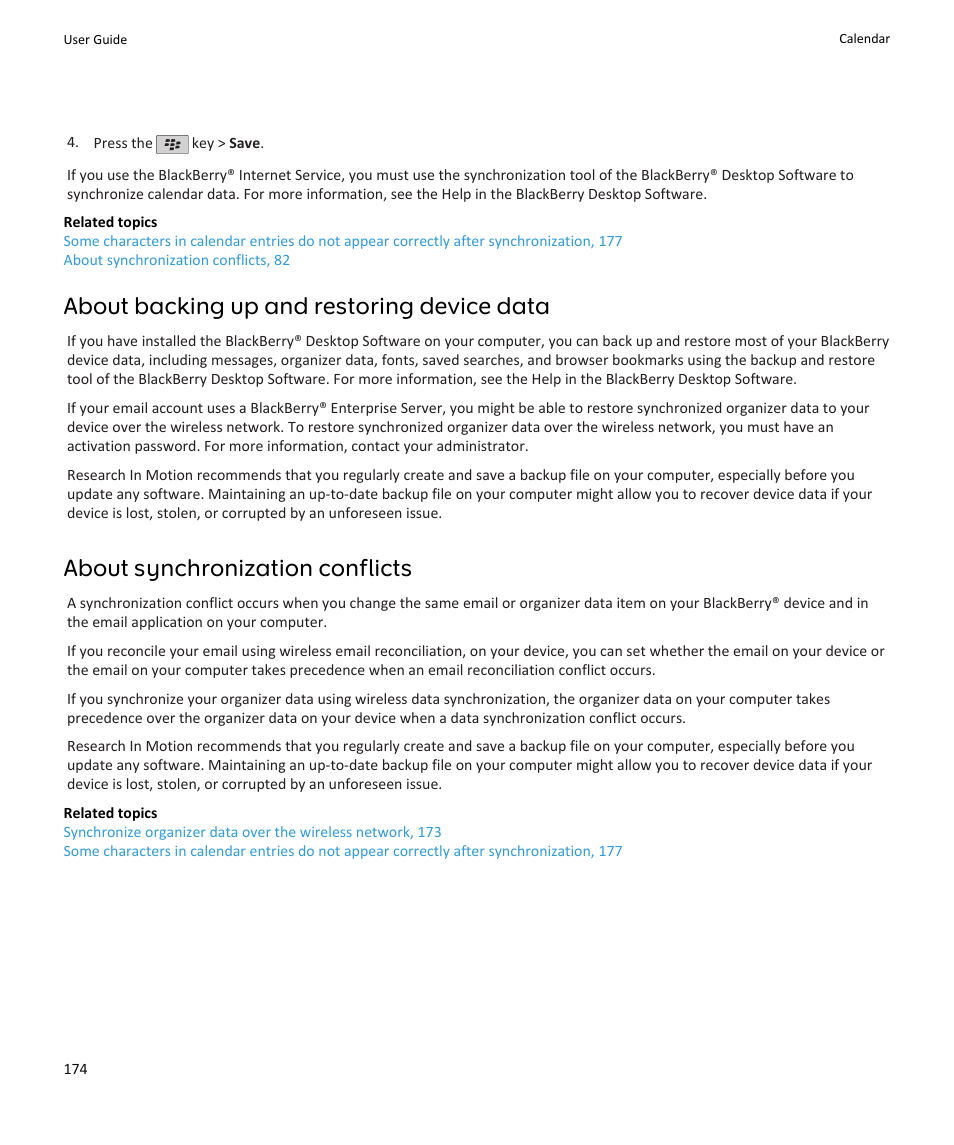 About backing up and restoring device data, About synchronization conflicts | Blackberry PEARL 9105 User Manual | Page 176 / 325