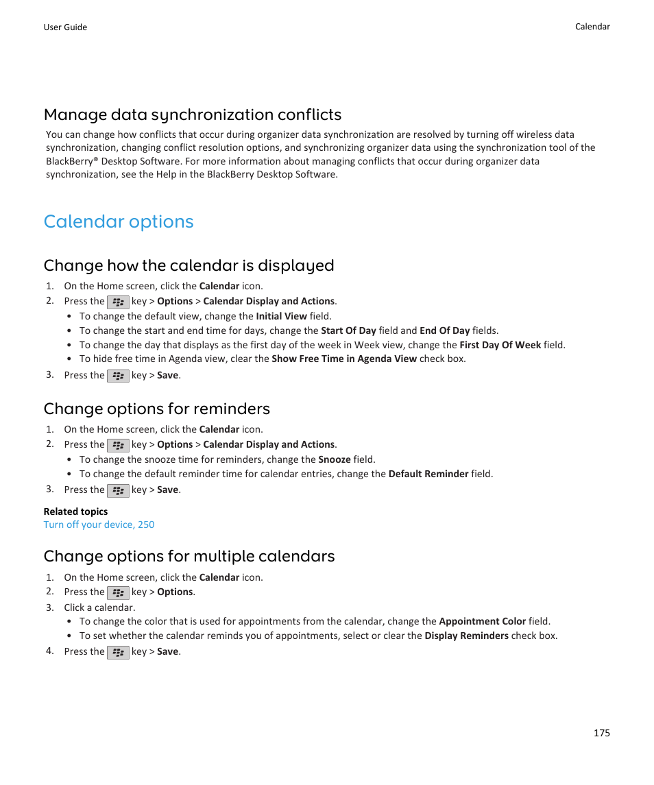 Calendar options, Manage data synchronization conflicts, Change how the calendar is displayed | Change options for reminders, Change options for multiple calendars | Blackberry PEARL 9105 User Manual | Page 177 / 325