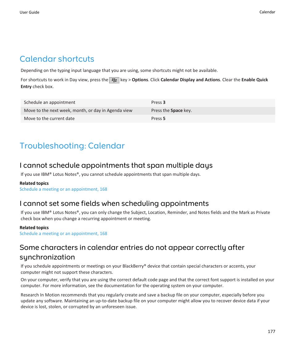 Calendar shortcuts, Troubleshooting: calendar | Blackberry PEARL 9105 User Manual | Page 179 / 325