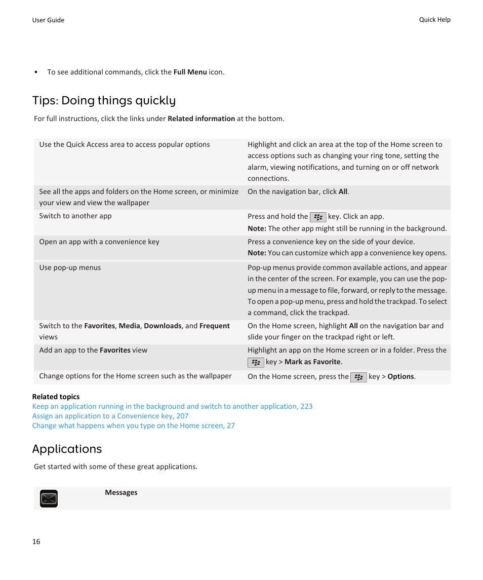 Tips: doing things quickly, Applications | Blackberry PEARL 9105 User Manual | Page 18 / 325