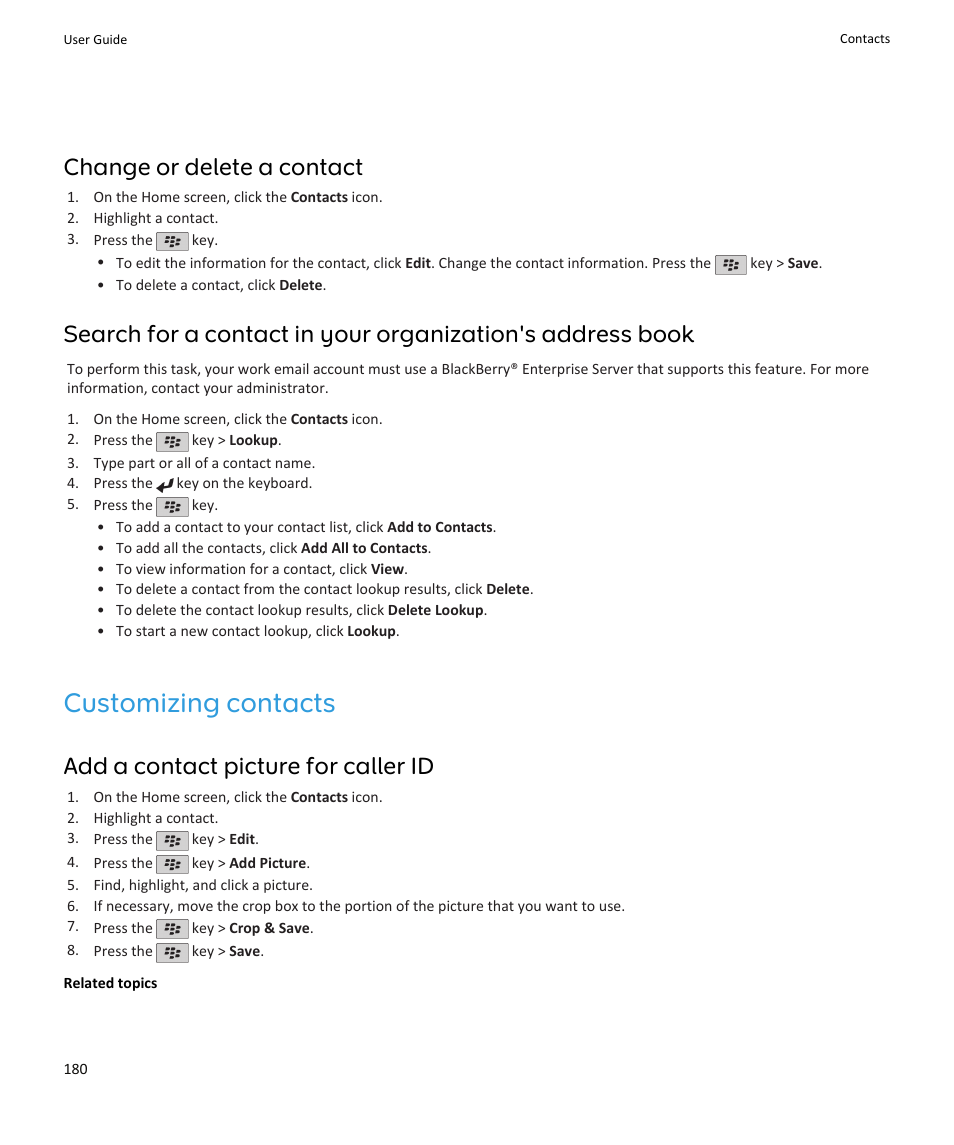 Customizing contacts, Change or delete a contact, 180, Change or delete a contact | Add a contact picture for caller id | Blackberry PEARL 9105 User Manual | Page 182 / 325
