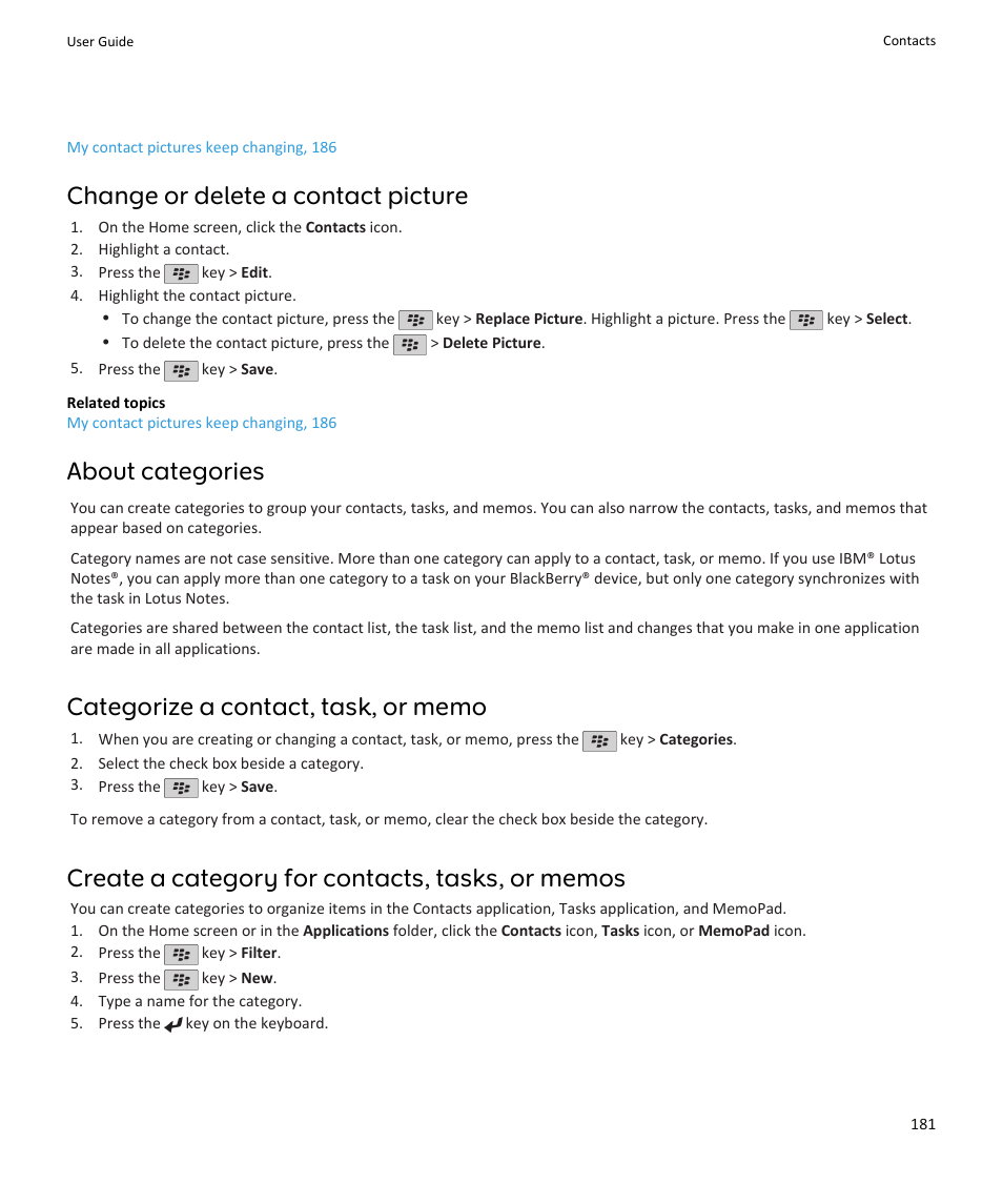 Change or delete a contact picture, About categories | Blackberry PEARL 9105 User Manual | Page 183 / 325