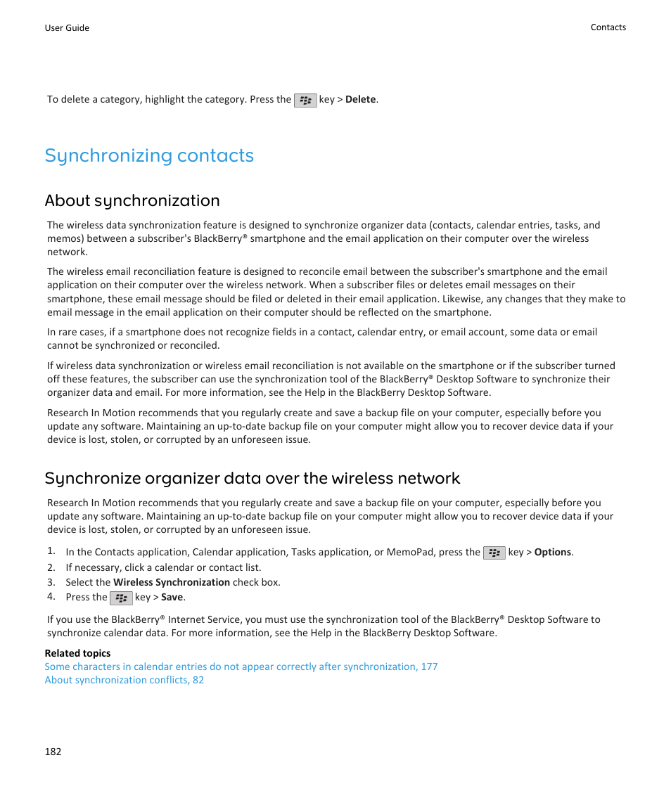 Synchronizing contacts, About synchronization | Blackberry PEARL 9105 User Manual | Page 184 / 325