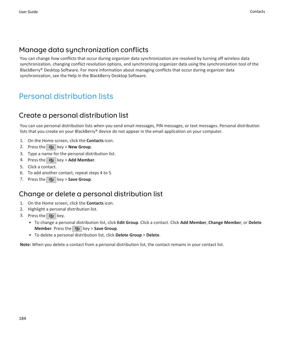 Personal distribution lists, Personal distribution lists, 184, Manage data synchronization conflicts | Create a personal distribution list, Change or delete a personal distribution list | Blackberry PEARL 9105 User Manual | Page 186 / 325