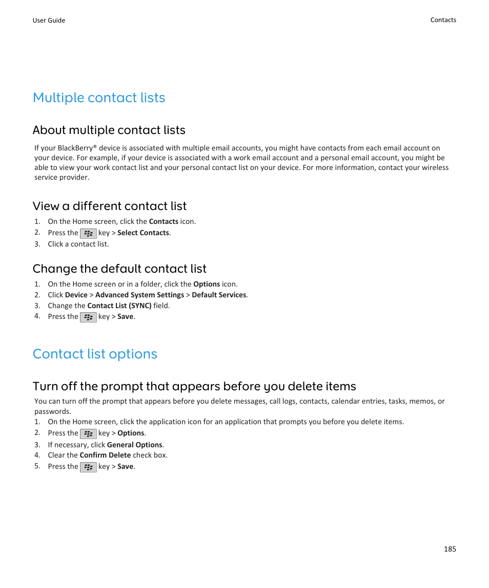 Multiple contact lists, Contact list options, About multiple contact lists | View a different contact list, Change the default contact list | Blackberry PEARL 9105 User Manual | Page 187 / 325