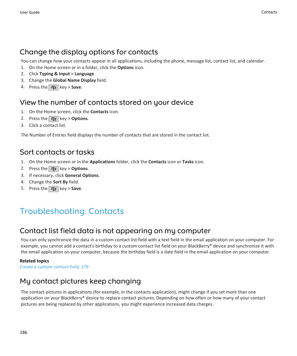 Troubleshooting: contacts, Change the display options for contacts, View the number of contacts stored on your device | Sort contacts or tasks, My contact pictures keep changing | Blackberry PEARL 9105 User Manual | Page 188 / 325