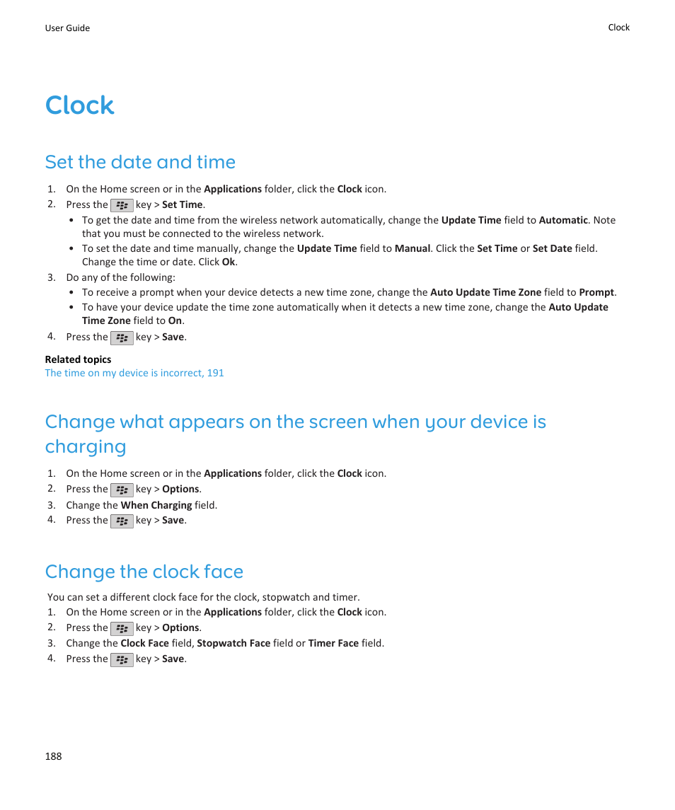 Clock, Set the date and time, Change the clock face | Blackberry PEARL 9105 User Manual | Page 190 / 325