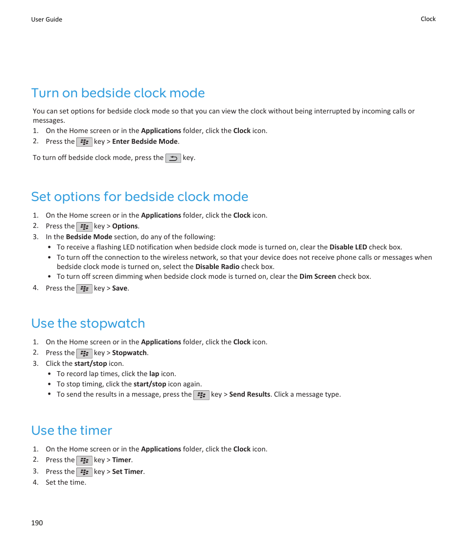 Turn on bedside clock mode, Set options for bedside clock mode, Use the stopwatch | Use the timer | Blackberry PEARL 9105 User Manual | Page 192 / 325