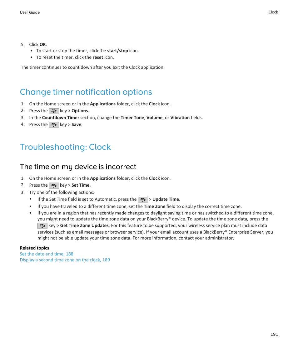 Change timer notification options, Troubleshooting: clock, The time on my device is incorrect | Blackberry PEARL 9105 User Manual | Page 193 / 325