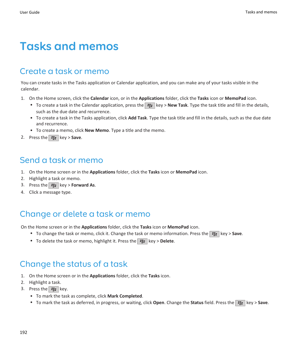 Tasks and memos, Create a task or memo, Send a task or memo | Change or delete a task or memo, Change the status of a task | Blackberry PEARL 9105 User Manual | Page 194 / 325