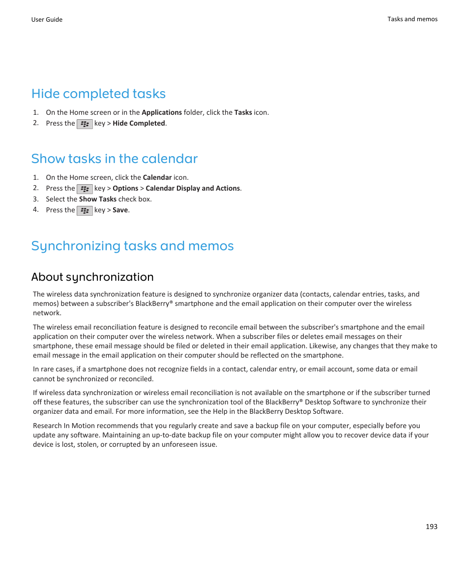 Hide completed tasks, Show tasks in the calendar, Synchronizing tasks and memos | About synchronization | Blackberry PEARL 9105 User Manual | Page 195 / 325